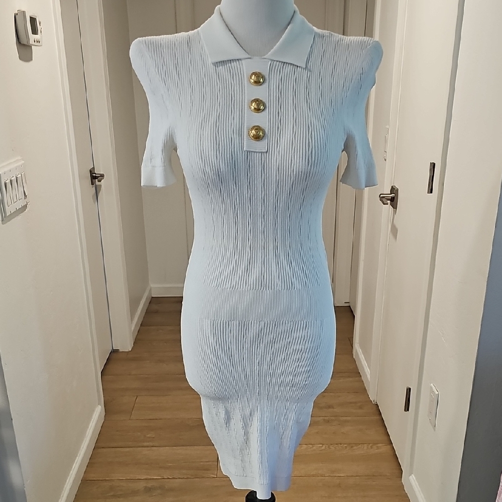 Balmain White Mini Dress with Gold Accents Size 36